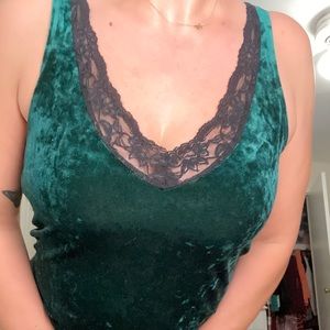 Falls creek - green velvet tank - black lace - V neck - size Large